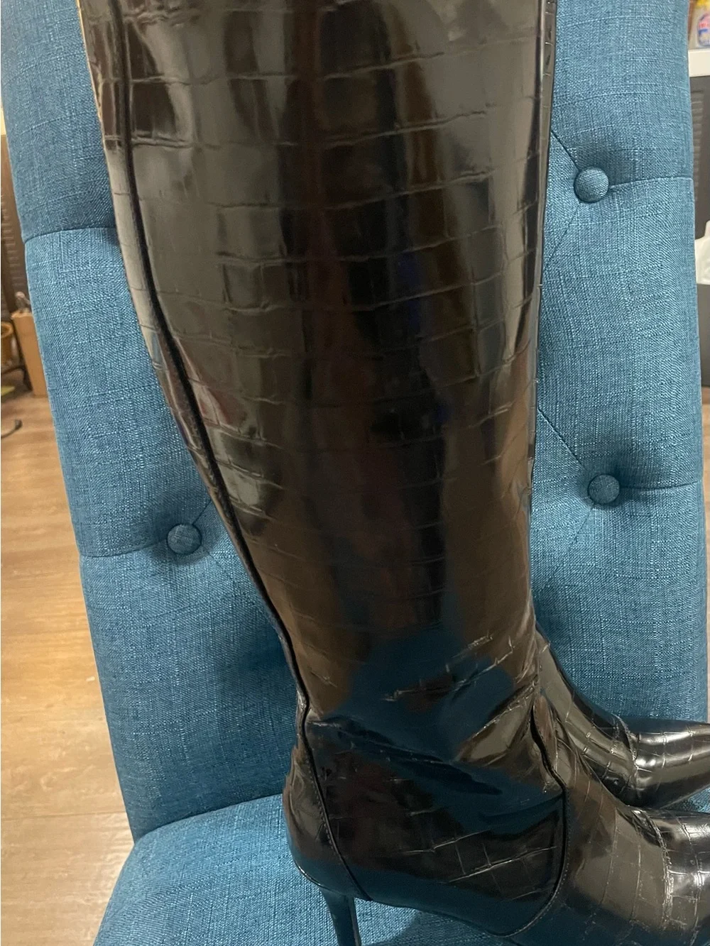 Worthington Black Croc-Embossed Over-the-Knee Pointed Toe Stiletto Boots